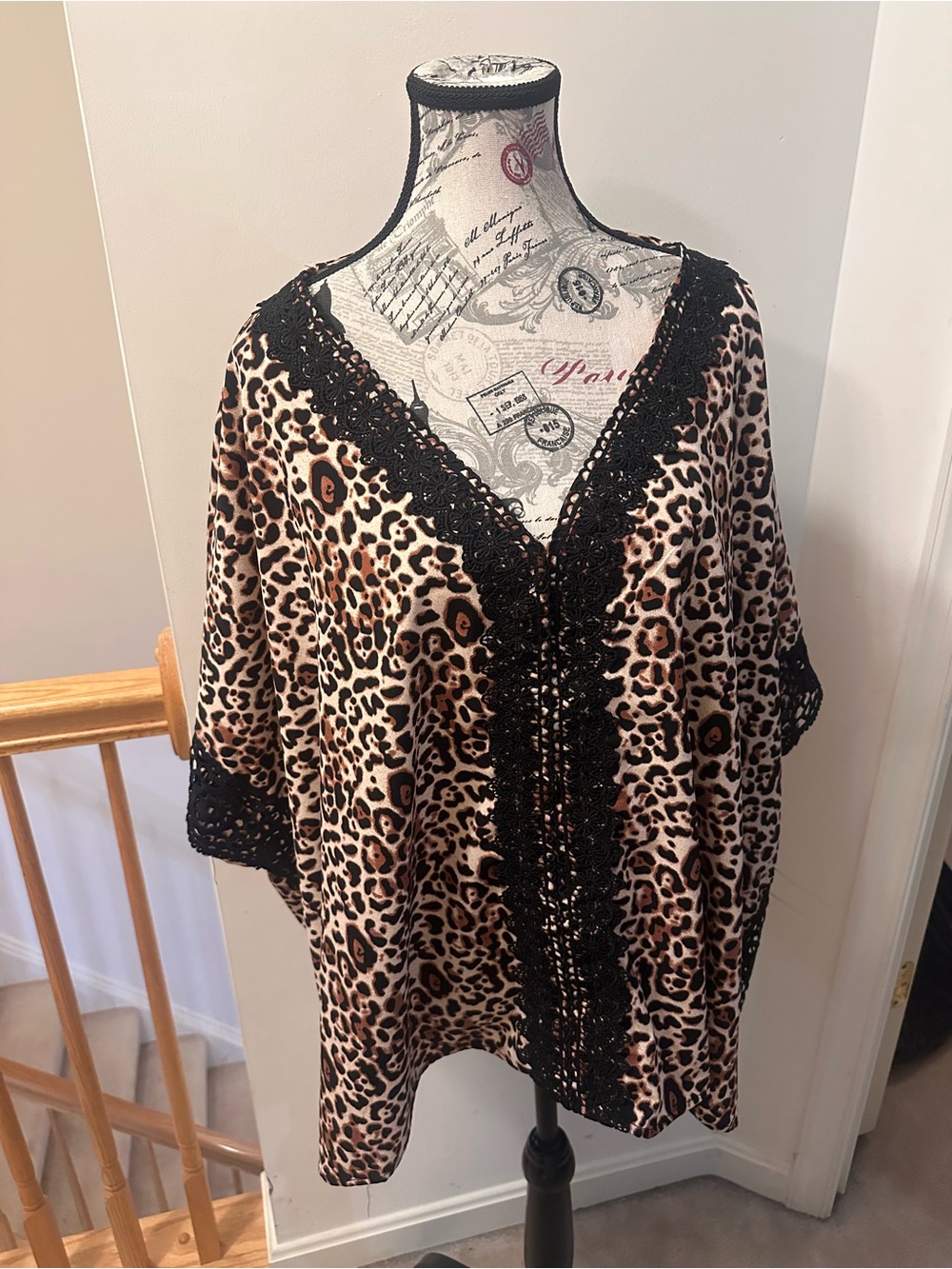 BiBi Leopard Print Poncho Top with Black Crochet Trim